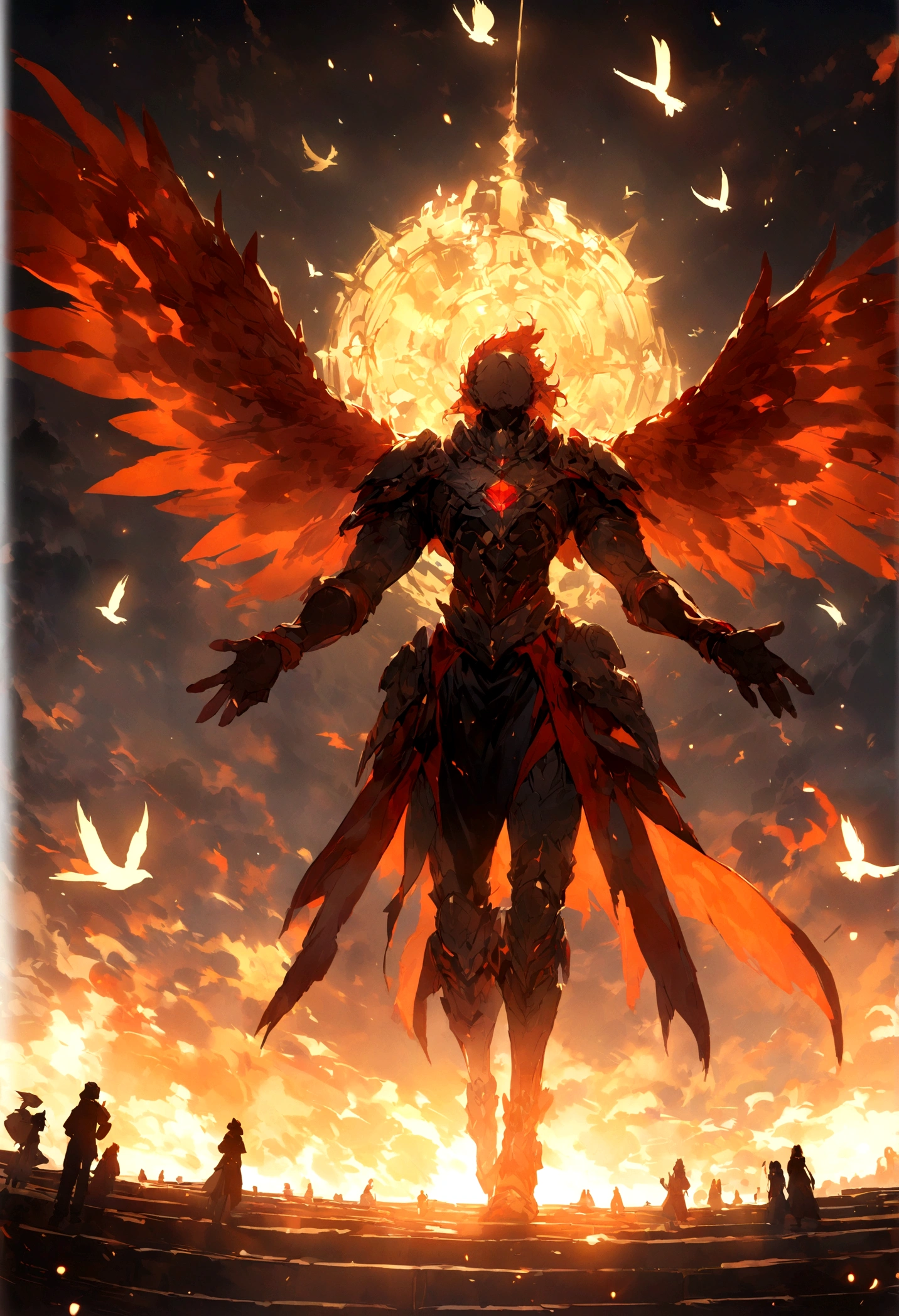 (Birds of God),(Fire Phoenix),(The fire outlined the Phoenix's body.),The Phoenix Takes Flight,(Shining with golden light),alone,night,Multiple silhouettes,First person view elevation angle,Super Detail,highest quality,masterpiece,(8k),Very detailed,magnificent work of art