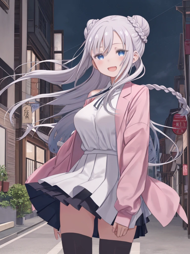 One Mature Woman、Silver Hair、Very long hair between the eyes、Wavy long hair、Clothes that give a neat impression、Big Breasts、Pleated white shirt、Pink jacket、skirt、Black Stockings、laughing、Twist your body、Hair blowing in the wind、Clothes fluttering in the wind、evening、Braided bun hairstyle、Chignon、In town、Meeting up for a date、Blue Eyes、Hang the bag from your shoulder、