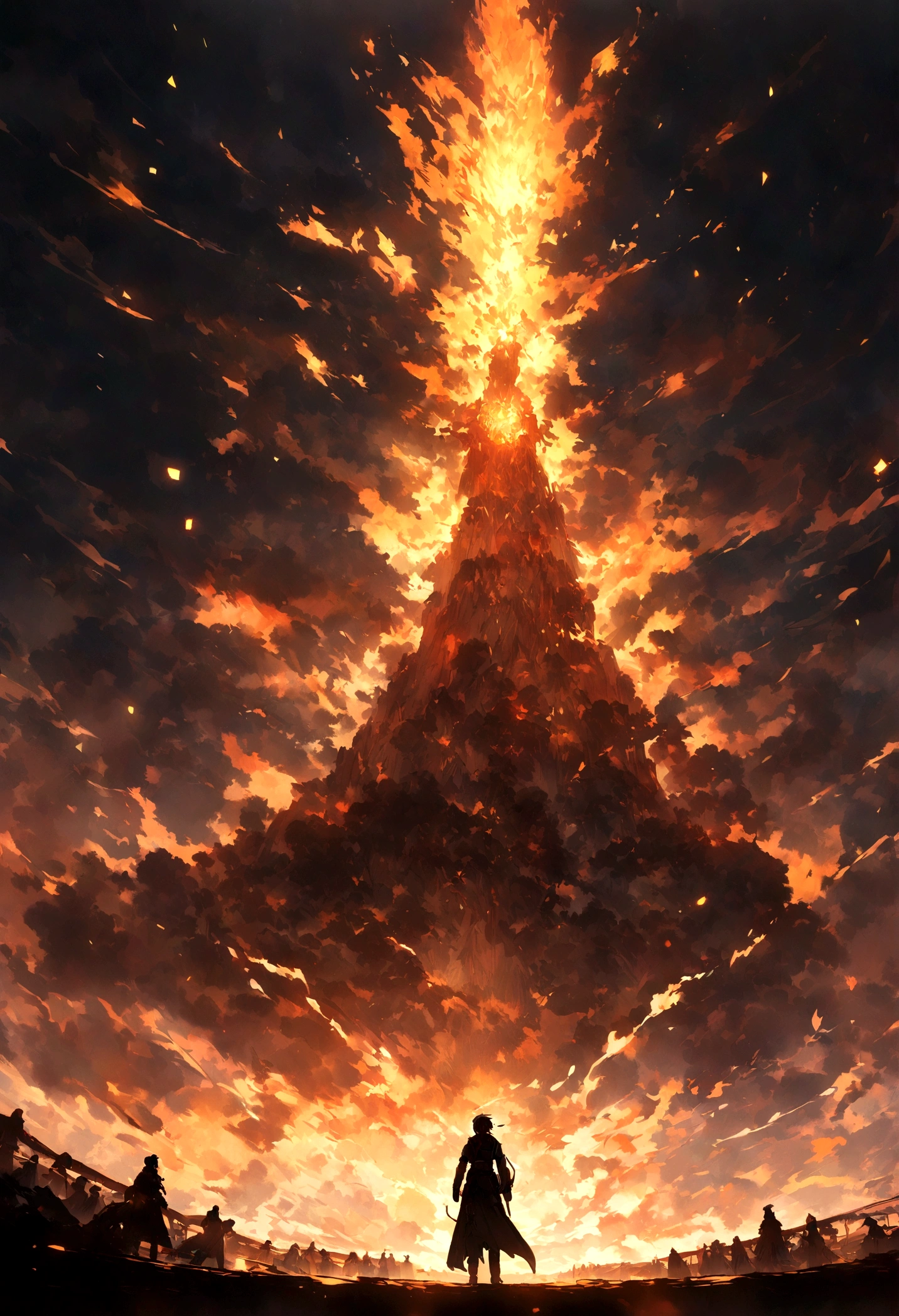 （Birds of God），（Fire Phoenix），（The fire outlined the Phoenix&#39;s body.)，The Phoenix Takes Flight，(Shining with golden light)，alone,night,Multiple silhouettes，First person view elevation angle，Super Detail，highest quality，masterpiece，（8k)，Very detailed，magnificent work of art