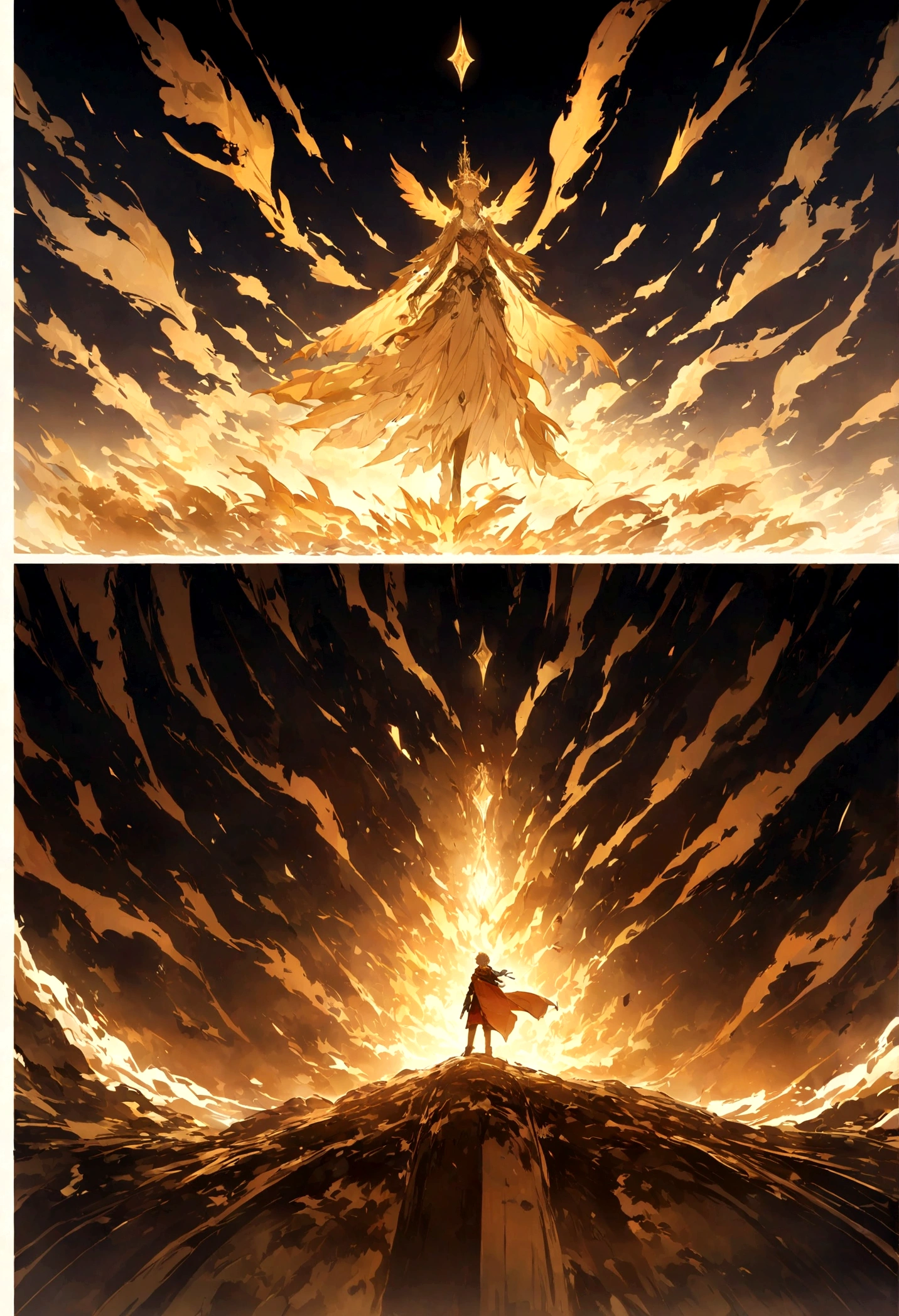 （Birds of God），（Fire Phoenix），（The fire outlined the Phoenix&#39;s body.)，The Phoenix Takes Flight，(Shining with golden light)，alone,night,Multiple silhouettes，First person view elevation angle，Super Detail，highest quality，masterpiece，（8k)，Very detailed，magnificent work of art