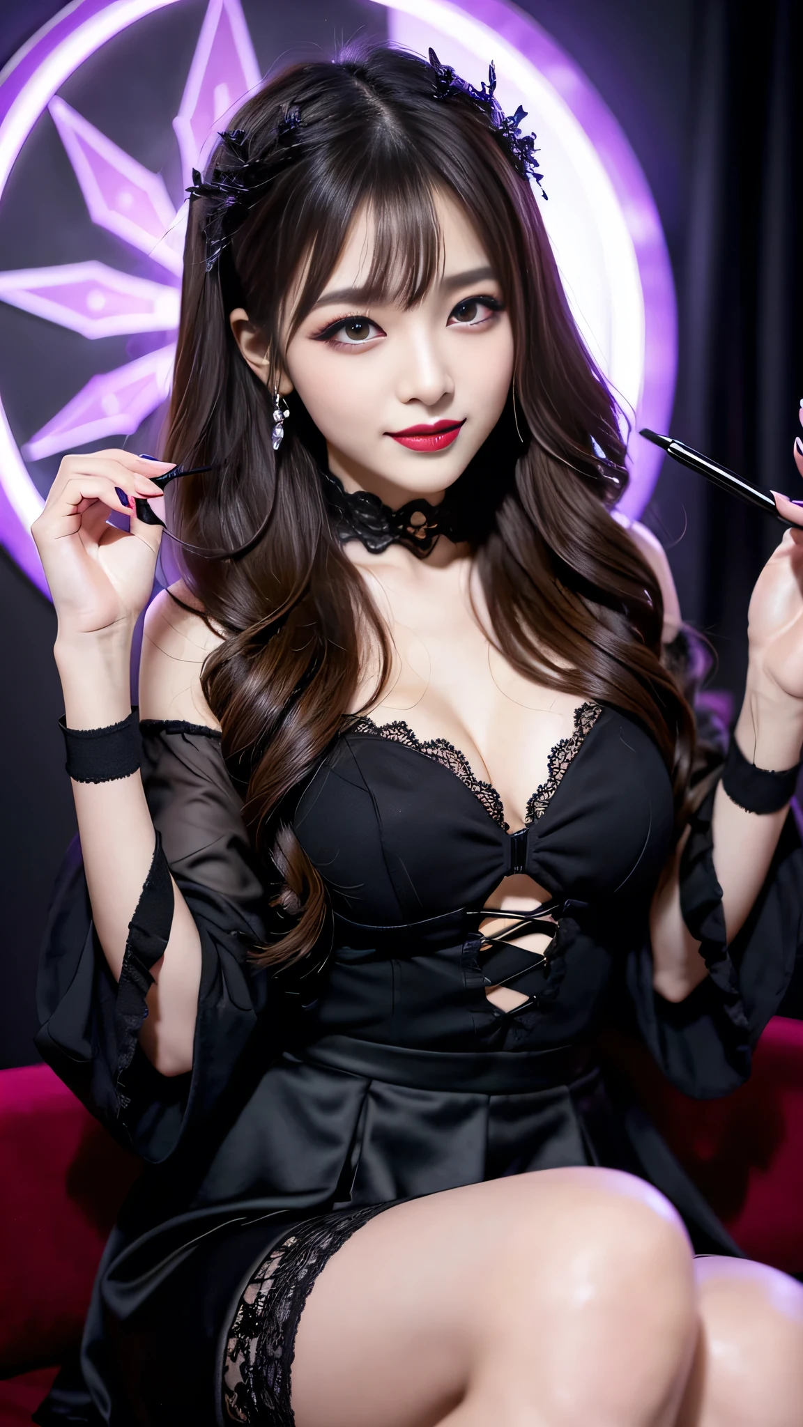 best quality、ultra-detailed、8k、Japanese、Japanese、Seductive beauty、seductive adult woman、Pretty Woman、cool girl、Villainess、brainwash makeup、Brainwashed、brainwash、Fallen into evil、smirk、Evil look、Wicked Smile、evil、Brown hair、wavy hair、swept bangs、dark makeup、dark makeup、piercing eyes、hollow eyes,half-closed eyes、Hollow Eyes、purple Eyeshadow、black lipstick、black lipglos、Lace fabric、black party dress、Wide sleeves、flare skirt、night、inside darkroom、Are standing、Look、Offer、shoot from below、Make up、Hold a small makeup brush、Swear allegiance、I have pledged my allegiance、Seduce、Evil female executive、Female Combatant