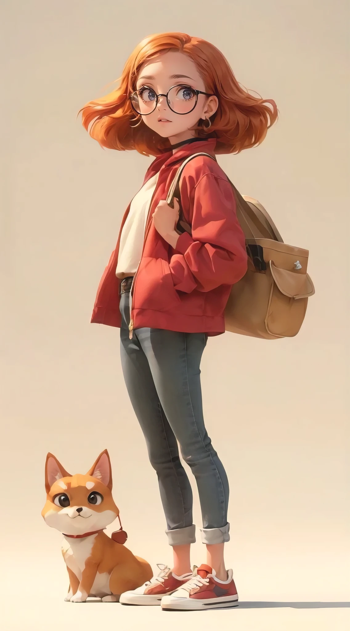 a young woman with orange hair, shiba inu ears, short hair, round glasses, cheerful expression, photorealistic, realistic portrait, ultra-detailed, 8k, high quality, detailed facial features, beautiful detailed eyes, beautiful detailed lips, extremely detailed face, long eyelashes, clean background, warm lighting, natural lighting, soft lighting, soft colors, vibrant colors