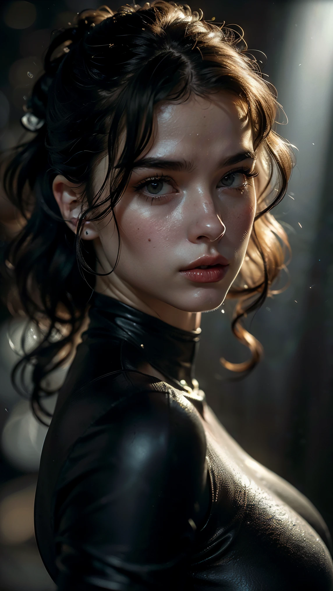 (((ultra realistic))) Photo, masterpiece, top quality, pale skin, (Ultra detailed face and eyes:1.2), 1 girl, gloomy atmosphere, Dark background, (Eye makeup, mascara) , ((Dark wavy hair)) , ((Stylish hairstyle)) , {Gigantic|Big|Huge|Mega} breasts, very big breasts, [[Slim waist, slender body]] . ((Posing)) , (body curves), In Lifchik, photoshoot, studio (Contour lighting), (The play of light and shadows), depth of field, bokeh, (special attention to skin detail: 1.2), Detailed leather texture, skin pores, ((Dark and gloomy atmosphere frame. color scheme - black, Gray, Ashen, Tons)), (Film grain, VHS effect), (shine) , ((rays)) , ((portrait, close to the camera)) , ultra detailed,