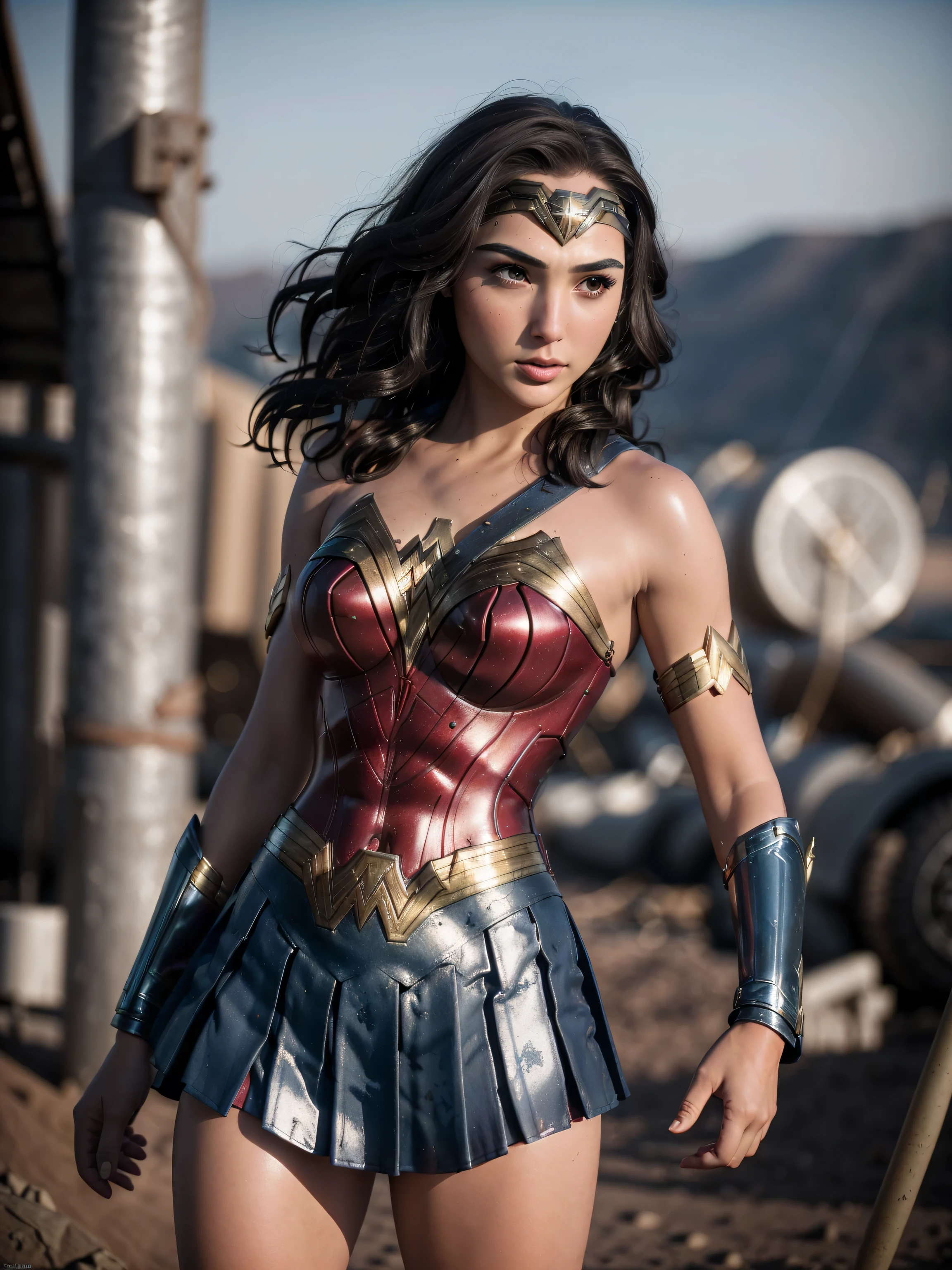 photorealistic Realism 8K, 16K, Quality: (Hyper absurd quality, extremely detailed detail, hyper resolution, clear sharp focus, not blurry, Realistic brown_eyes), ((perfect dark_eyeshadows:1.45)), (super Detailed, beautiful little nose:1.2), (perfect composition), (Wonder Woman Cosplay), incredibly similar to the original outfit from the WW movie, dynamic stance, face focused on the target in the distance, ready to fight, ((Neon Wonder Woman Lasso Of Truth)), (upper body shot), (close up of her face), beautiful cheekbones, double eyelids, dslr, best high quality soft lighting, sharp focus captured by Fujifilm XT3, f 5.6, in a dramatic lighting, ((perfect composition)), ((pale skin)), ((dry skin)), (((clear and detailed film scene from World War II battlefield), ultra absurd details quality:1.3)), (luxury red latex:1.35),(Red-Blye pleated mini skirt:1.4),