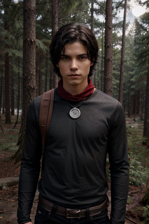Benny Weir, Atticus Mitchel, Teen Wolf, , short messy brown hair, blue eyes, ninja outfit with red bandana, silver moon pendant, black jeans, black misty forest background.