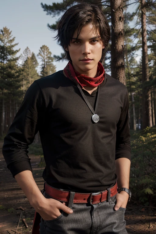 Ethan Morgan, Matthew Knight, Teen Wolf, 16 years old, short messy black hair, brown eyes, ninja outfit with red bandana, silver moon pendant, black jeans, black misty forest background.