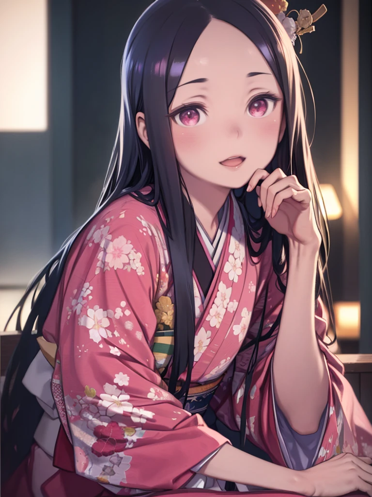 masterpiece, (Realistic:1.5), Realistic eyes, Asian woman, highest quality, Beautiful lighting, Professional Lighting, Photon Mapping, Radio City, Physically Based Rendering,, kamado nezuko, One girl, Black Hair, amount, hair ribbon, kimono, kimono, Long Hair, Multicolored Hair, Open your mouth, Pink Eyes, pink kimono, pink ribbon, ribbon, smile, very Long Hair, null, ((Old age)),, (RAW Photos, 8K Ultra HD, Film Grain)