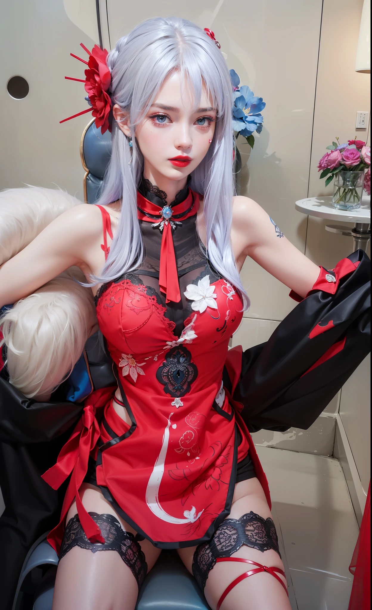 Royal princess,Super detailed, Delicate face, Stock Photography , Portrait 400, F1 Camera Lens.6, Colorful, Surrealism, Realistic textures, Dramatic Lighting, Thin Film Distiller 800 (8K, original photo, Better quality, masterpiece: 1.2), Super detailed, (Extremely delicate skin: 1.2), 8K Ultra HD, SLR camera, Soft Light, high quality.Fire Queen,Blue pupils,Apply red lipstick,Have a tattoo,The tattoo is very three-dimensional,Gorgeous and intricate tattoo designs,8K Mugshot,Large Breasts,Dark eyeshadow,Sexy thick lips(Red lipstick),Ice Princess,The facial features are very three-dimensional,Wear lace prints,sit on the chair,Open hands,Scarf on arm