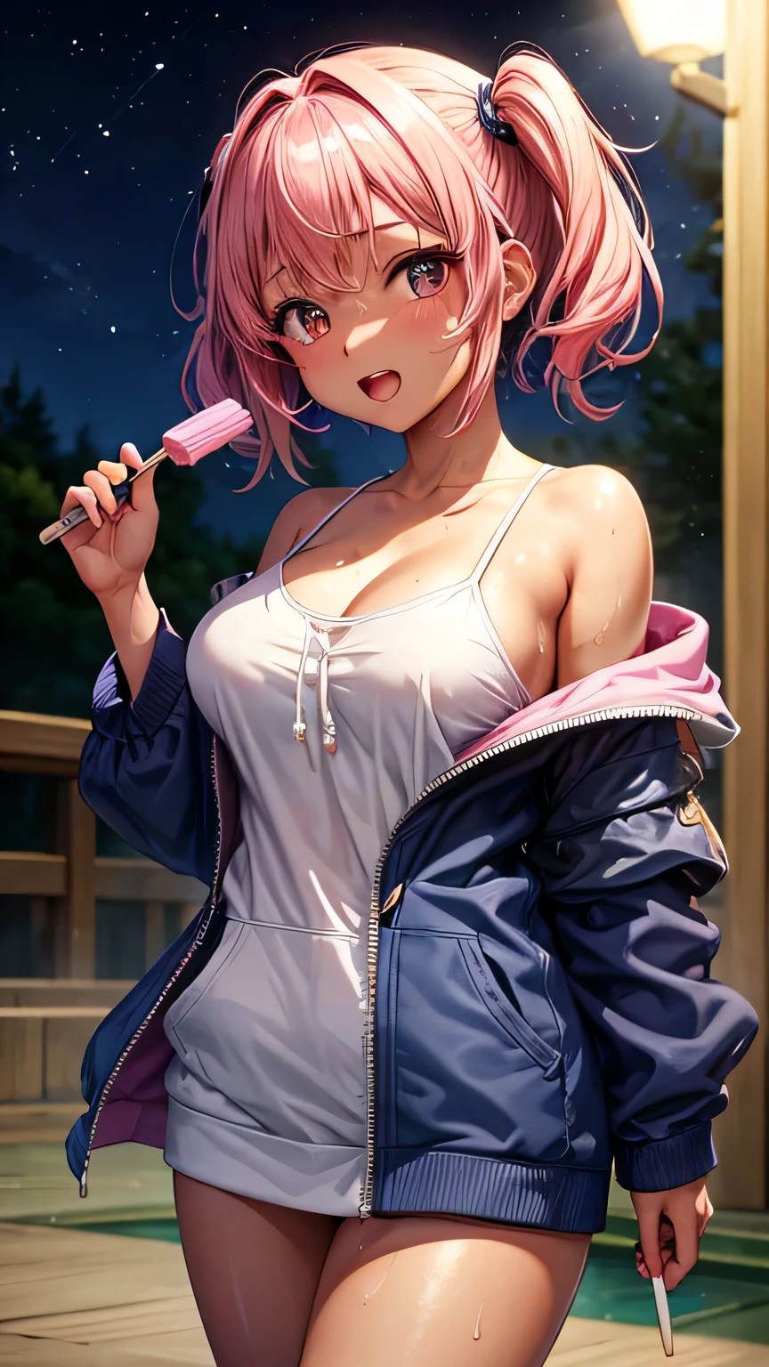 (highest quality)), ((masterpiece)), (Familiar), Perfect Face,Shiny skin,Beautiful breasts,Kyoto Animation style painting,Shiny skin、hoodie、Sunburned skin、Sweat、Off the shoulder、Double teeth 、short hair、Twin tails、Pink Hair、young、Big Breasts、Embrace、hot spring、Dark Skin、close、near、Having popsicles、night、