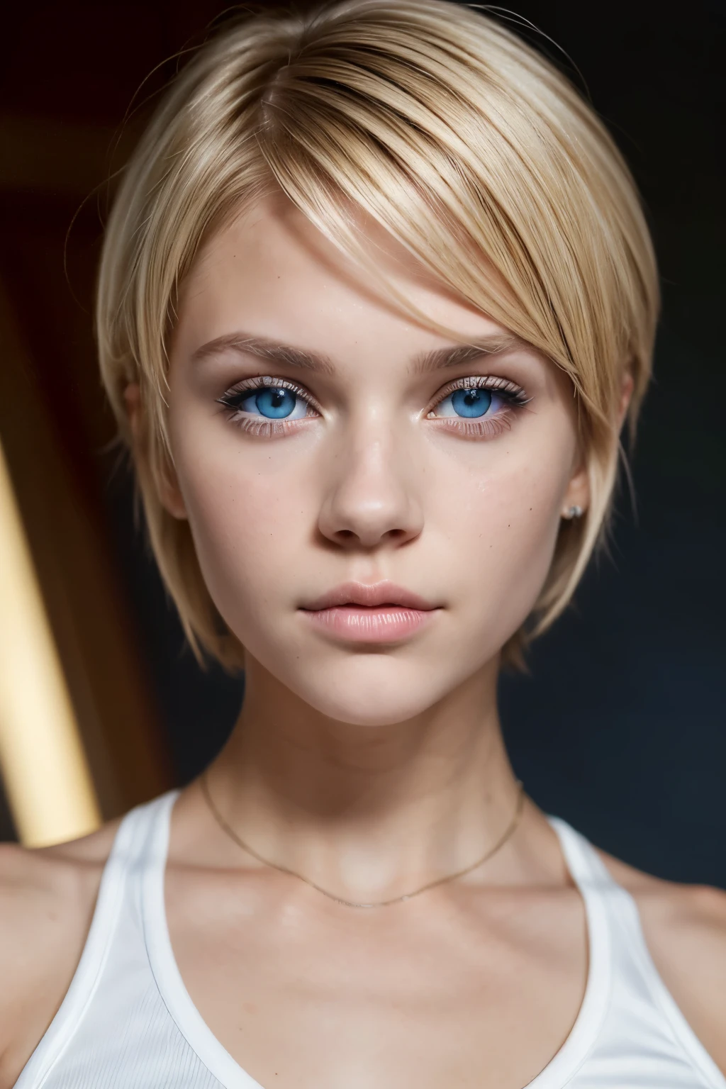 A short blonde haired sweden girl, bob cut, bang, blue eyes, , young, pale skin, topless, feeling anxiety, shy, sweaty, Ultra high res, uhd, (photorealistic:1.4), coboy shot, doll-like face, in a dark room, dramatic lighting