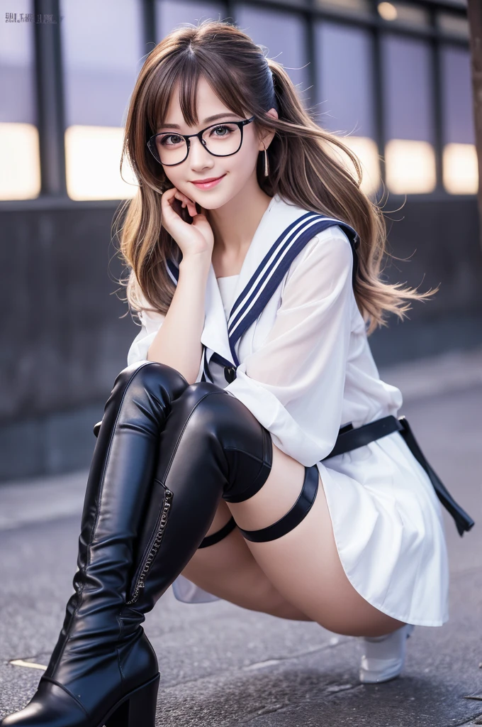 ((masterpiece)), ((highest quality)), (Super detailed), ((cute)), cute, (Lovely), ((sexy)), (device), ((Very detailed)), 4K, (8k), highest quality, (beautiful), water colored pencils, Genuineistic, Genuine, Focus on the face, whole bodyフォーカス, School, autumn, Beautiful woman, alone, Sailor suit, beautiful dark brown hair, beautiful purple eyes, ((beautiful eyes with highlights )), White skin, ponytail, Transparent Hair, Translucent hair, Large Breasts, tights, Glasses, smile, Neon Light, Wind effects, Reflection effect,Knee-high boots,Thigh-high boots(black),Leather boots,whole body