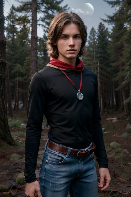 Rory Keaner, Cameron Kennedy, Teen Wolf, , short messy brown blonde hair, blue eyes, ninja outfit with red bandana, silver moon pendant, black jeans, black misty forest background.