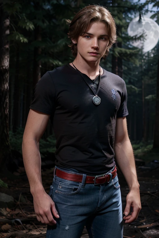 Rory Keaner, Cameron Kennedy, Wolf, 16 yort messy brown blonde hair, blue eyes, ninja outfit with red bandana, silver moon pendant, black jeans, black misty forest background.