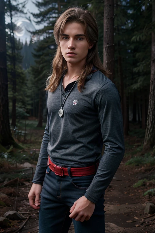 Rory Keaner, Cameron Kennedy, Teen Wolf, 16 years old, short messy brown blonde hair, blue eyes, ninja outfit with red bandana, silver moon pendant, black jeans, black misty forest background.