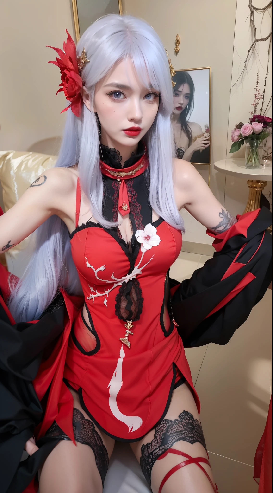 Detailed image quality，Witch Pandora，wing, Succubus Theme，堕落Angel，Excellent，scary，Secret Terror，Tentacles，With eyes，Uncanny Valley Effect，Beast Blood Moon，skeleton，vampire，Hellfire，Dark Queen，Angel，magician magic witch，16岁Angel，Eyes are blue(Pupils as deep as the starry sky)，Gorgeous tattoo designs all over the body，Surreal photos(8K picture quality，Rich in details)，Dark eyeshadow，Sexy thick lips(Red lipstick)，Tattoo designs on body，Dark Queen，Wearing luxurious gold jewelry，Gorgeous wedding dress，Open hands，Scarf on arm