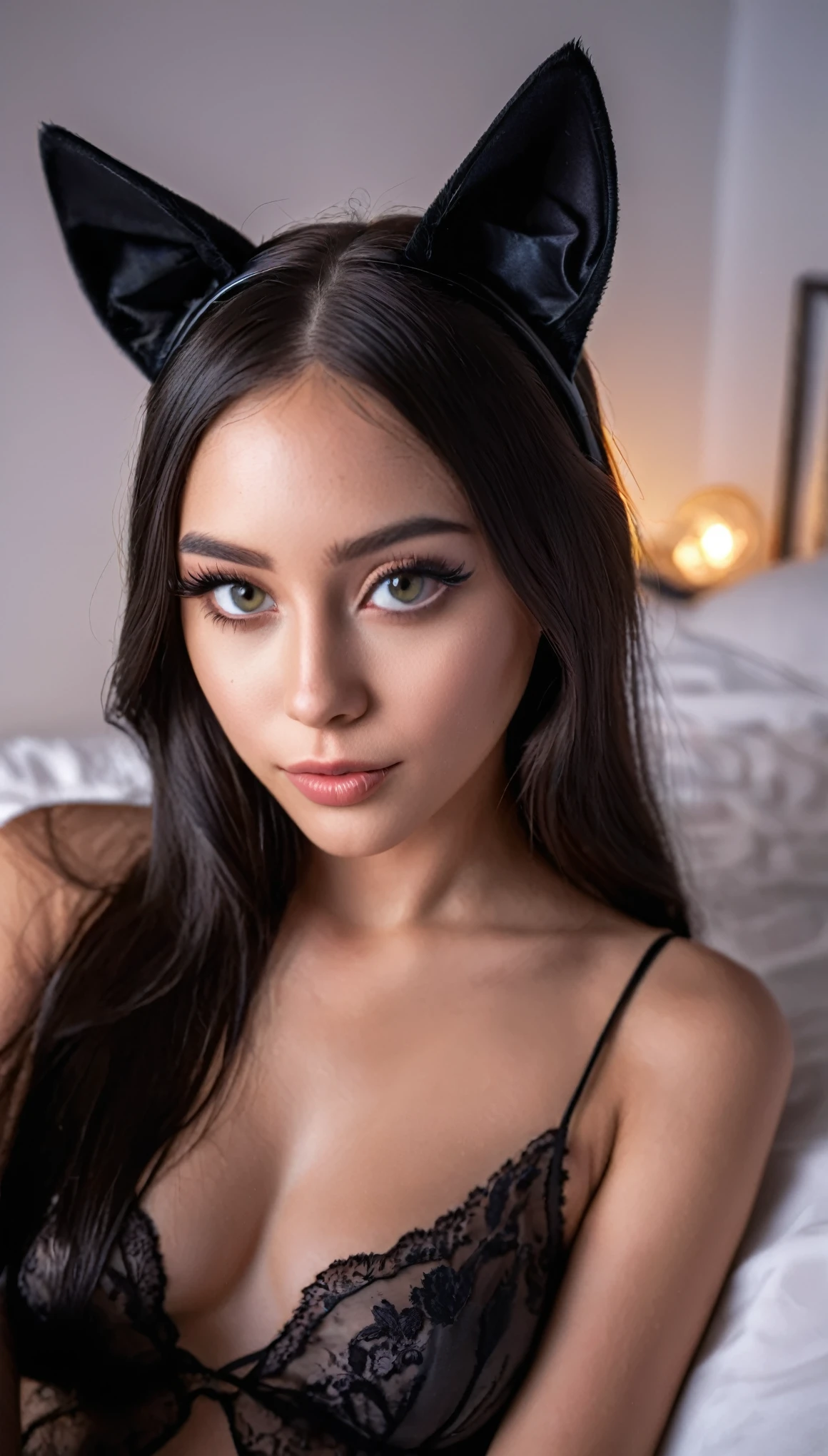 A naked young woman with cat ears, beautiful detailed eyes, beautiful detailed lips, extremely detailed face and skin, long eyelashes, looking at the camera with a loving gaze, two women making love on a bed with black silk sheets, pale skin, black long hair, sensual, intimate, erotic, cinematic lighting, glowing skin, high contrast, dramatic shadows, ultra-detailed, realistic, photorealistic, masterpiece, 8k