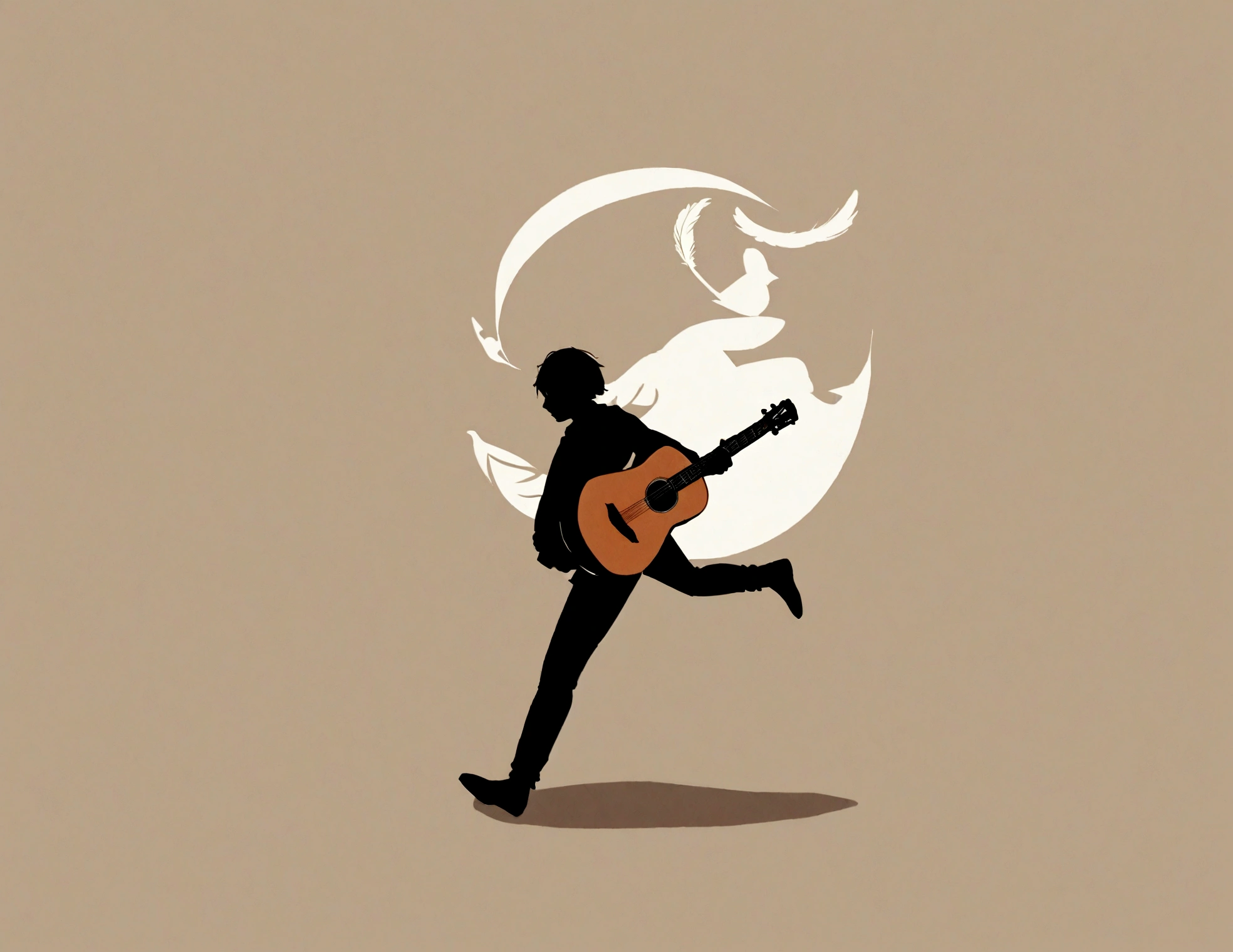 Create a modern, minimalistic logo design for a brand about music and movies. The logo must be in minimalistic style and convey a sense of storytelling. The logo is the silhouette of a boy and a bird. The boy is running with open arms, holding an acoustic guitar in the right hand and a bird feather in the left hand. Minimalistic logo design impressed on a book cover
