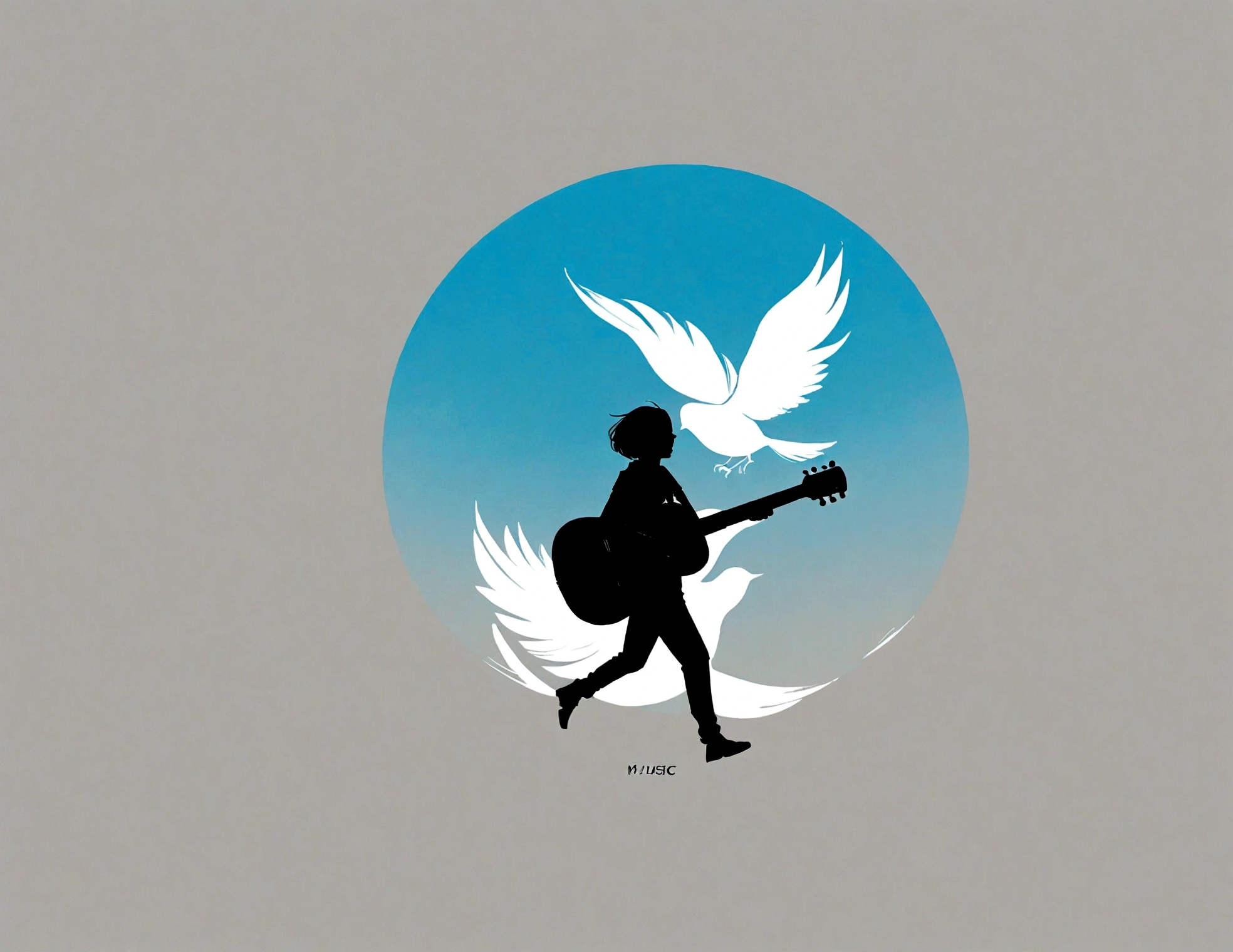 Create a modern, minimalistic logo design for a brand about music and movies called " PENAMEMORIA" . The logo must be in minimalistic style and convey a sense of storytelling. The logo is a simple silhouette of a boy happily running with open arms and holding an acoustic guitar in his right hand. The boy is playing with a bird and a feather. Modern logo, unique, creative, fantastic, impressed on a white- shirt. Logo design with light colors