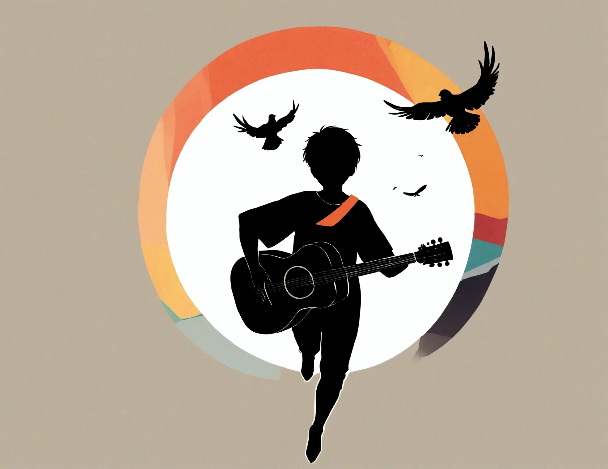 Create a modern, minimalistic logo design for a brand about music and movies. The logo must be in minimalistic style and convey a sense of storytelling. The logo is the silhouette of a boy and a bird. The boy is running with open arms, holding an acoustic guitar in the right hand and a bird feather in the left hand. Minimalistic logo design impressed on a book cover
