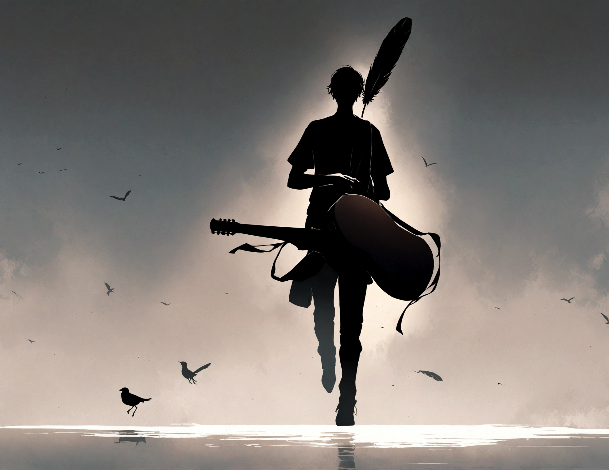 Create a modern, minimalistic logo design for a brand about music and movies. The logo must be in minimalistic style and convey a sense of storytelling. The logo is the silhouette of a boy and a bird. The boy is running with open arms, holding an acoustic guitar in the right hand and a bird feather in the left hand. Minimalistic logo design impressed on a book cover