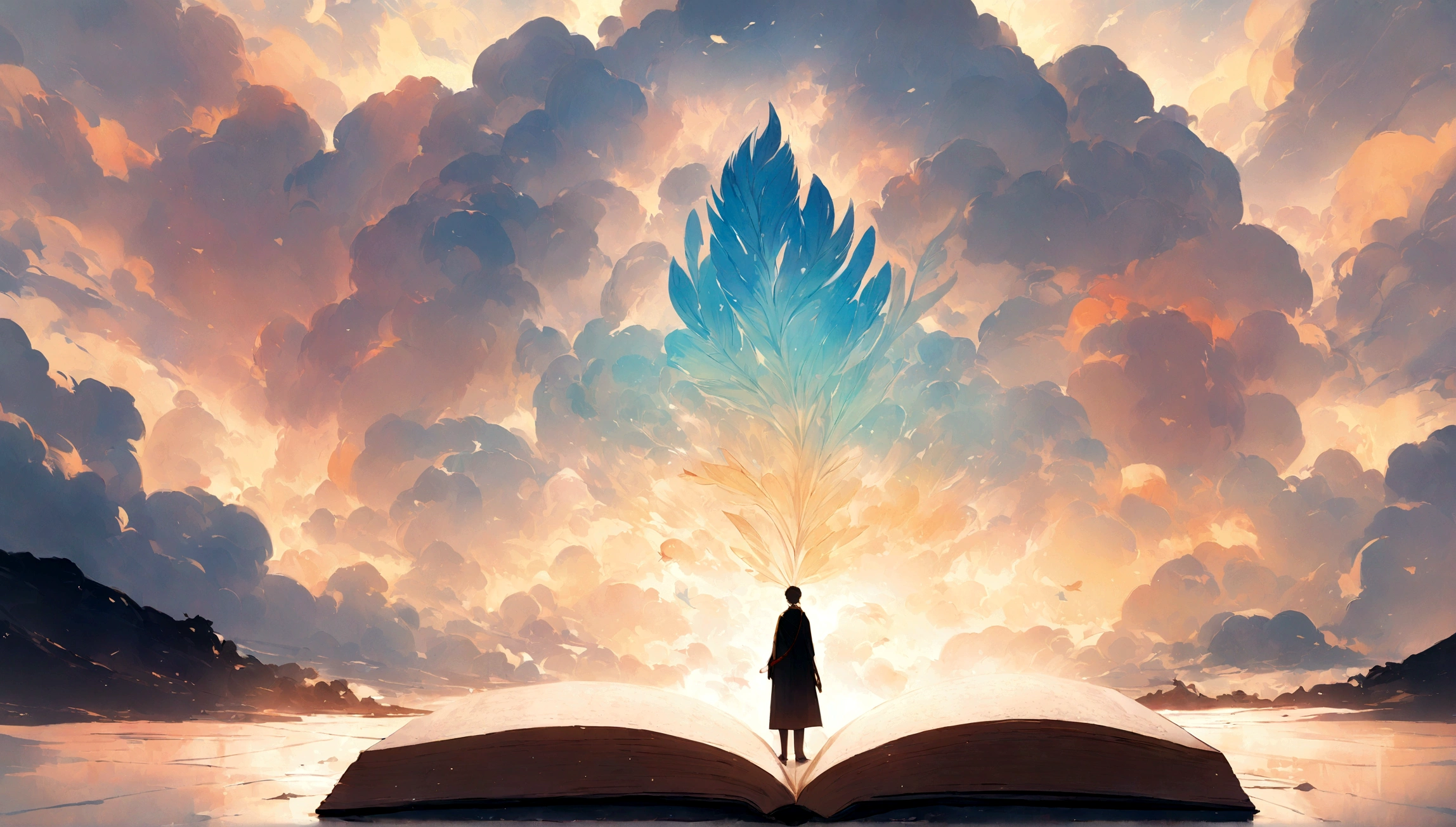masterpiece, 4k, sharp focus, highest quality,wide shot. Imagine a book cover that conveys a sense of nostalgia and storytelling. The title of the book is " Penamemoria". Is a book about the creative, unique journey of a boy into becoming a musician storyteller. In his journey he finds a magical feather and a dreamy bird. Minimalistic, modern, dreamy logotype at the bottom of the book cover