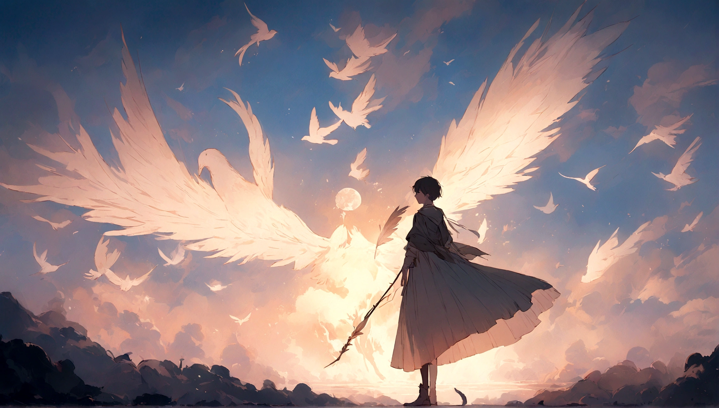masterpiece, 4k, sharp focus, highest quality,wide shot. Imagine a book cover that conveys a sense of nostalgia and storytelling. The title of the book is " Penamemoria". Is a book about the creative, unique journey of a boy into becoming a musician storyteller. In his journey he finds a magical feather and a dreamy bird. Minimalistic, modern, dreamy logotype at the bottom of the book cover
