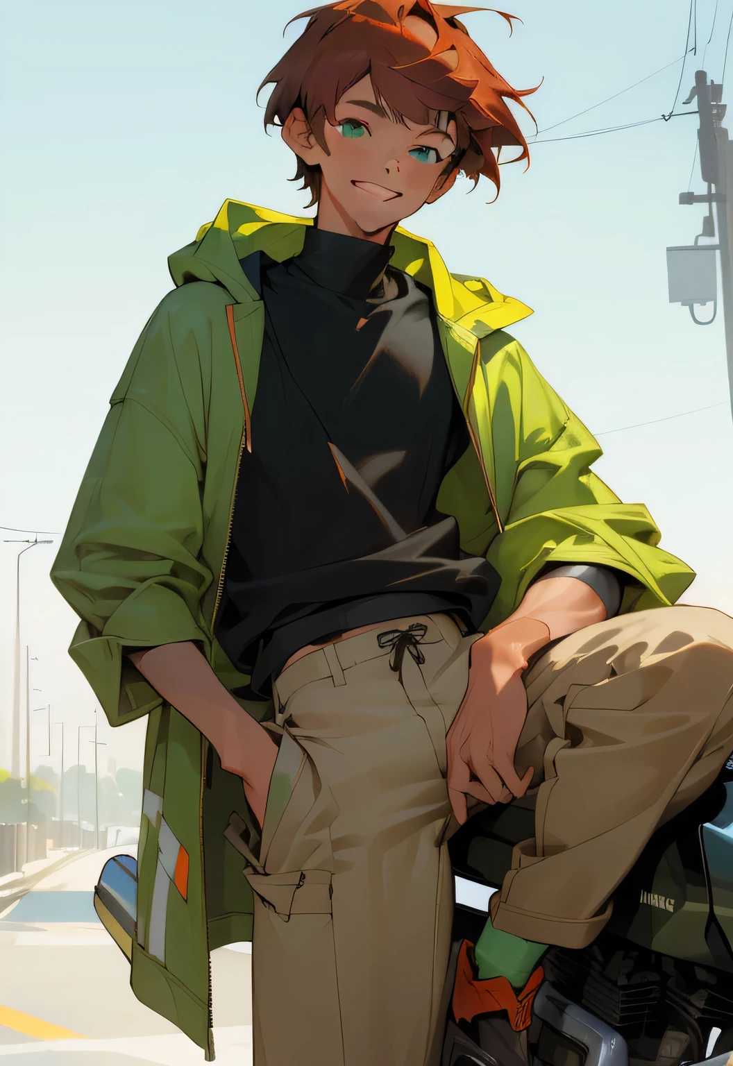 ((masterpiece)), (best quality), (absurdres), (photorealistic:1.4), 1girl, handsome girl,((flat body)) auburn red hair, , hoodie with motor sports jacket , (tanned skin, tanned male skin), bangs, green eyes, , very short messy boy cut hair, smile, grin, :D, longer face, shirt with hoodie on top, back pants