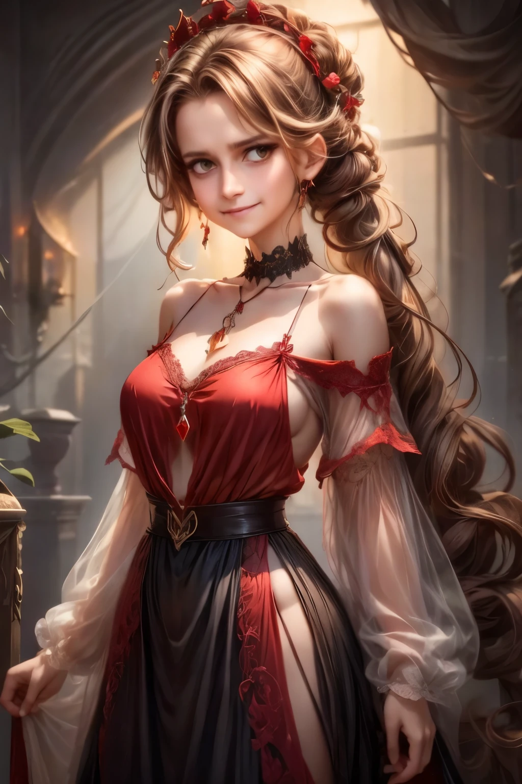 1girl, by kayahara, smile, long hair, dark dress, upper body, red pendant