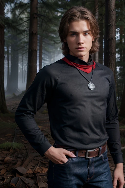 Rory Keaner, Cameron Kennedy, Teen Wolf, , short messy brown blonde hair, blue eyes, ninja outfit with red bandana, silver moon pendant, black jeans, black misty forest background.