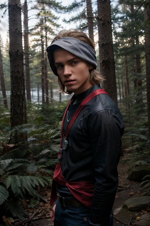 Rory Keaner, Cameron Kennedy, Teen Wolf, , short messy brown blonde hair, blue eyes, ninja outfit with red bandana, silver moon pendant, black jeans, black misty forest background.