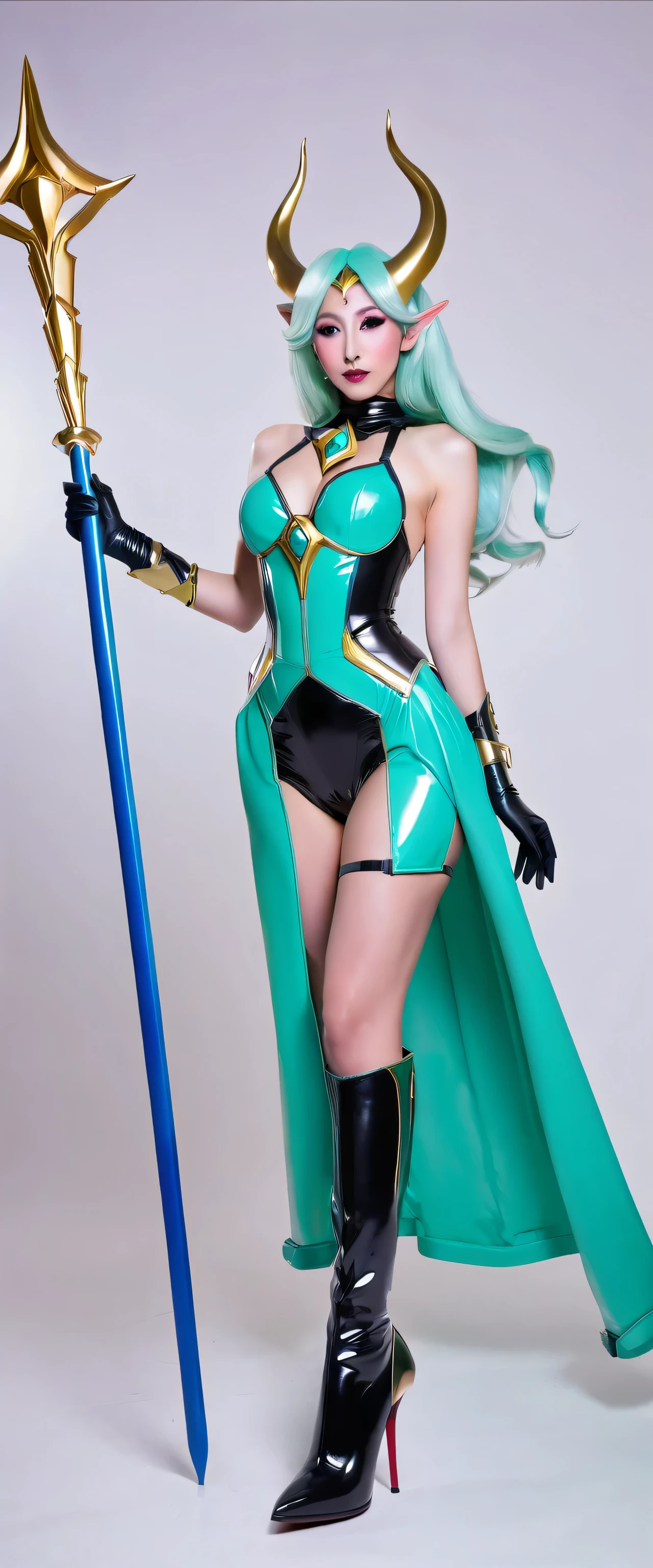 star guardian soraka, dominatrix, latex outfit, black high heel boots, strap-on, head horn, Best quality, masterpiece
