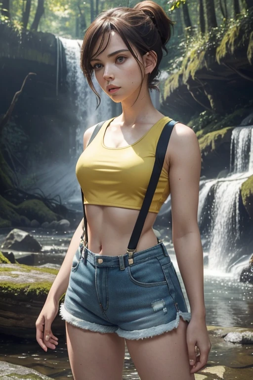 (masterpiece), best quality, expressive eyes, perfect face, (woods and waterfall background), (standing), (smirk), (front view), (1girl, age 18+, Scarlett Johansson, fair skin skin, orande hair, short hair, side-ponytail hairstyle, blue eyes, hourglass figure, thin body, skinny body, petite_body, small breasts, wide hips, thick thighs), (misty pokemon outfit, misty, yellow tanktop, croptop, sleeveless, short shorts, suspenders),