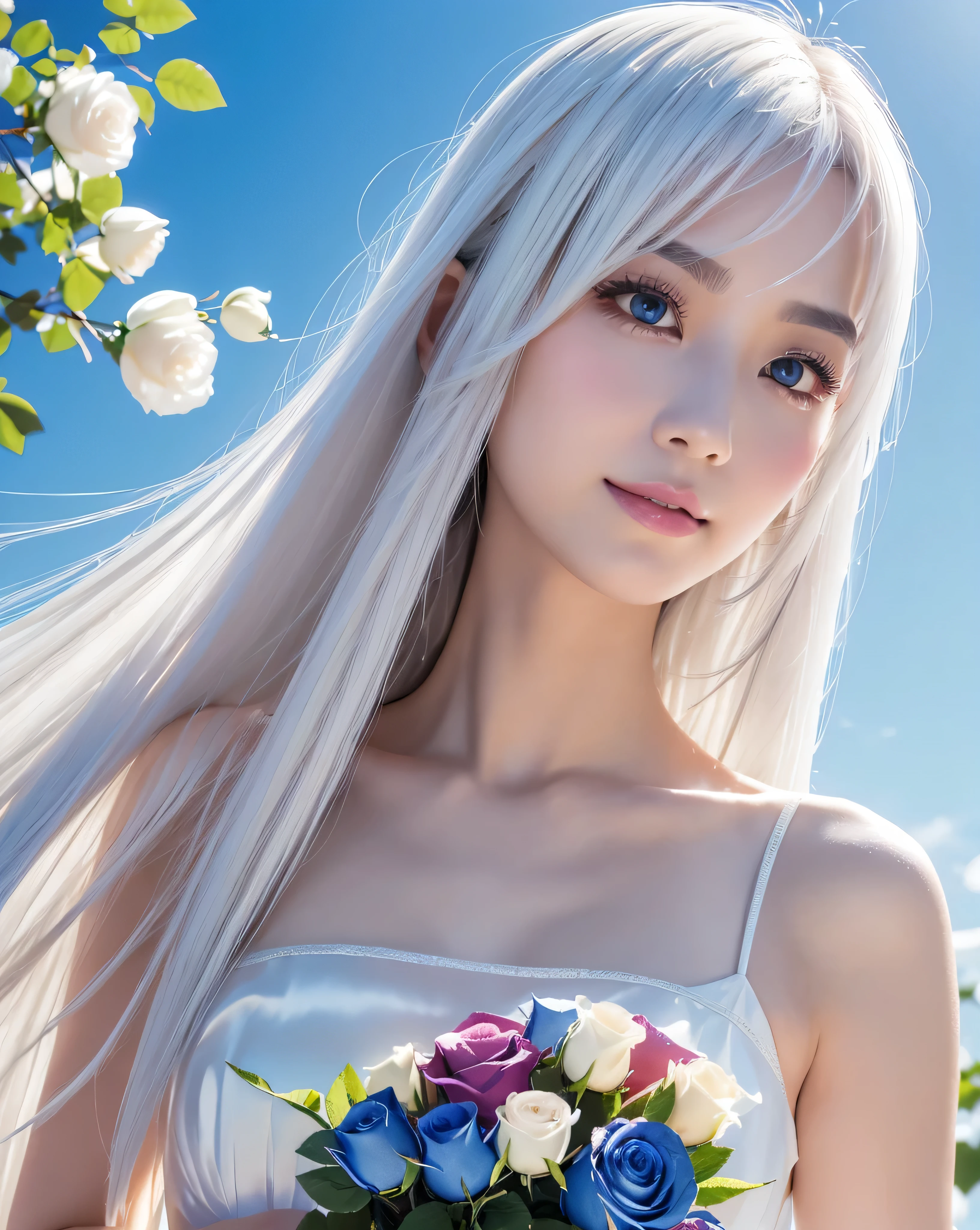 (highest quality, 32k, High resolution, Masterpiece:1.5, ), marimo_jet, god々A photograph with brilliant dazzling and healing power., Evoking a sense of calm and elusive beauty, Expressing emotions, Have a rich imagination,Beautiful Japanese Girls, An exceptionally beautiful face, Small Face Beauty, ((Low - Angle:1.2)), Perfect Human Anatomy, Magical big eyes, Motherhood and generosity, Deep Love, A fleeting smile, ((Colorfully shining platinum white hair:1.1)), ((Super Long Straight Silk Hair)), Flower Hair Ornaments, Asymmetrical bangs, Hair between the eyes, Transparent, soft white skin, Sharp eyebrows, Thin lashes, Natural Makeup, Cheek highlighter, Pale pink detailed lips, , ((White dress:1.2)), ((Holding a bouquet of blue roses in both hands:1.2)), High resolution perfect collarbone, High resolution beautiful bust, Slim figure with ample breasts, High resolutionの美しい太もも, ((Detailed blue sky background:1.3)), ((Beautiful detailed rainbow:1.1)), Dazzling sunlight, Backlight, Professional Lighting, Professional photographer, Professional models, God's Secret