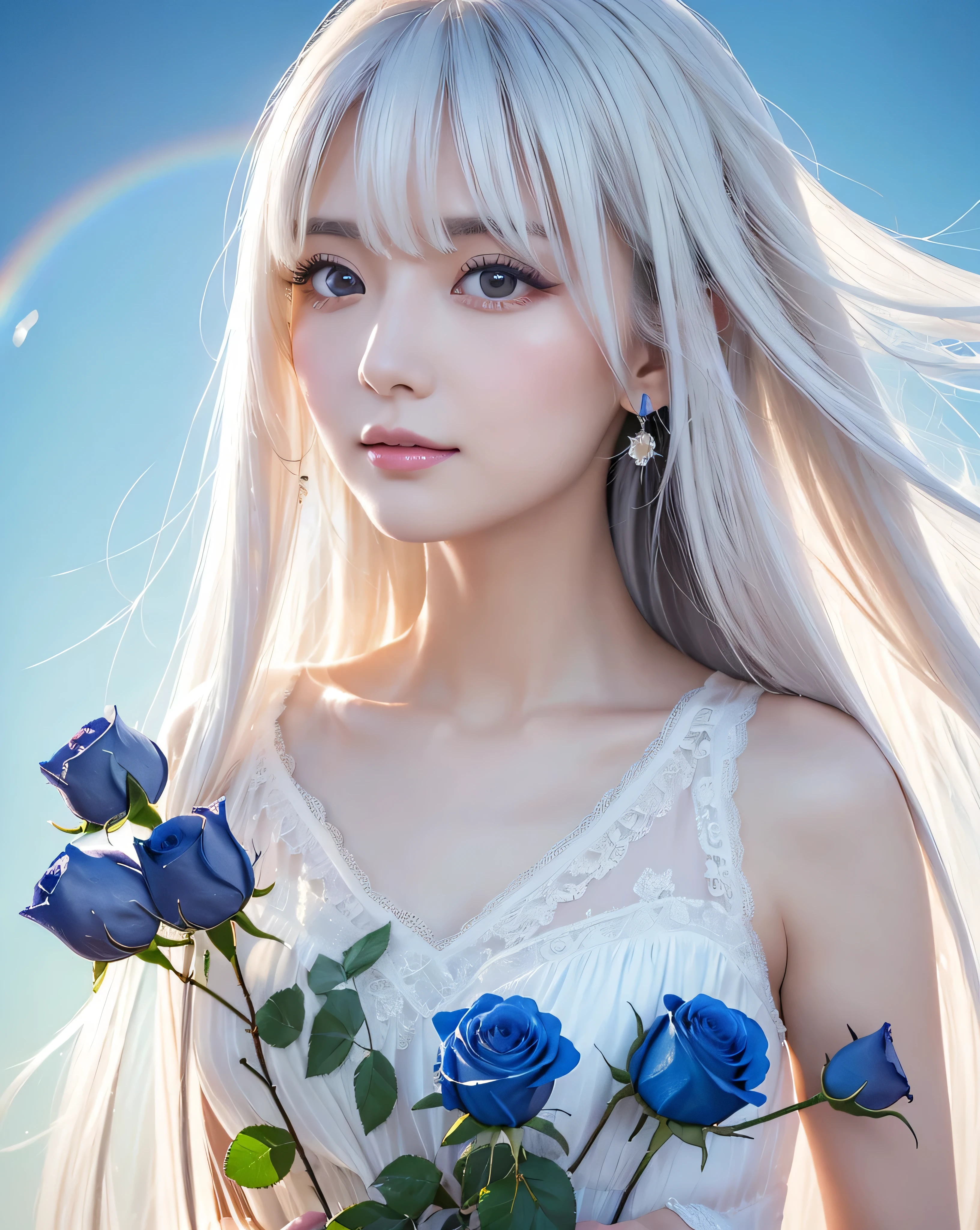 (highest quality, 32k, High resolution, Masterpiece:1.5, ), marimo_jet, god々A photograph with brilliant dazzling and healing power., Evoking a sense of calm and elusive beauty, Expressing emotions, Have a rich imagination,Beautiful Japanese Girls, An exceptionally beautiful face, Small Face Beauty, ((Low - Angle:1.2)), Perfect Human Anatomy, Magical big eyes, Motherhood and generosity, Deep Love, A fleeting smile, ((Colorfully shining platinum white hair:1.1)), ((Super Long Straight Silk Hair)), Flower Hair Ornaments, Asymmetrical bangs, Hair between the eyes, Transparent, soft white skin, Sharp eyebrows, Thin lashes, Natural Makeup, Cheek highlighter, Pale pink detailed lips, , ((White dress:1.2)), ((Holding a bouquet of blue roses in both hands:1.2)), High resolution perfect collarbone, High resolution beautiful bust, Slim figure with ample breasts, High resolutionの美しい太もも, ((Detailed blue sky background:1.3)), ((Beautiful detailed rainbow:1.1)), Dazzling sunlight, Backlight, Professional Lighting, Professional photographer, Professional models, God's Secret