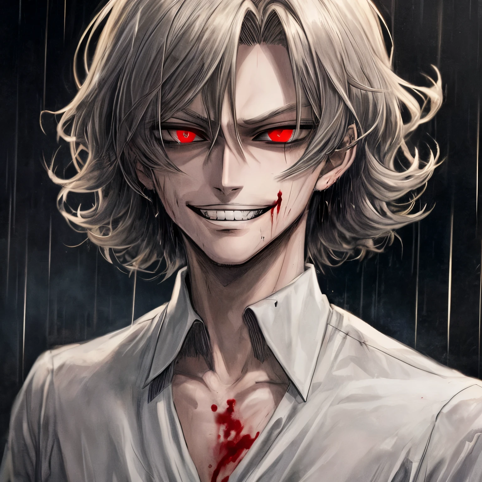 masterpiece, dark night, boy, johan liebert, wavy black hair, short hair, 20 years, Red eyes, sparkling eyes, sinister Smile, grin, villain, narrowed eyes, very detailed beautiful face and eyes, portrait, shirt, rain, Blood