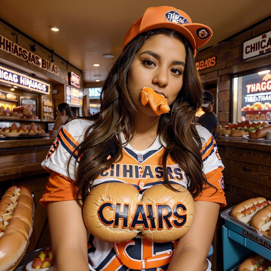 Instagram influencer, Latina female, 27 years old, athletic body, large breasts, tan skin, long wavy brown hair, (hazel eye color). Using two hands to put a (((Chicago style hotdog))) in her mouth. Wearing a (((Chicago Bears jersey))). Background is inside Portillo’s.