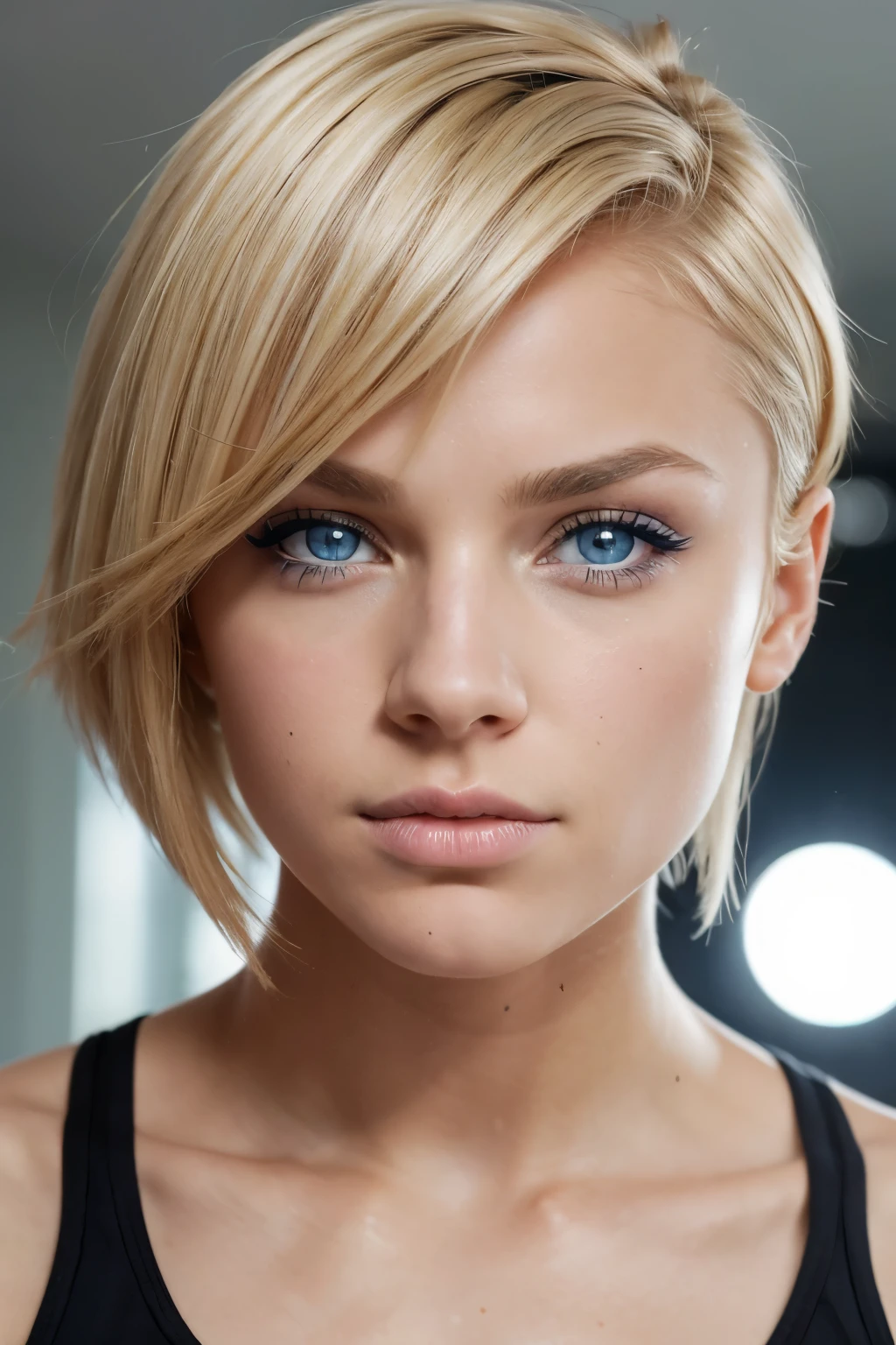 ((AlexiaThompson01R face)). beautiful. perfect, blonde hair, short hair, straight hair, blue eyes. closed look. Vibrant blue eyes, tied hair. hair falling over one eye, emo bangs. perfect skin, white skin. thin nose, thin chin. fitness.
