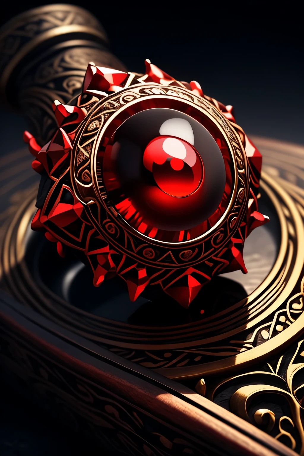 Sem pessoa, Apenas objeto, Focus Cursed ring with a red jewel like an eye, Com detalhes dourados 