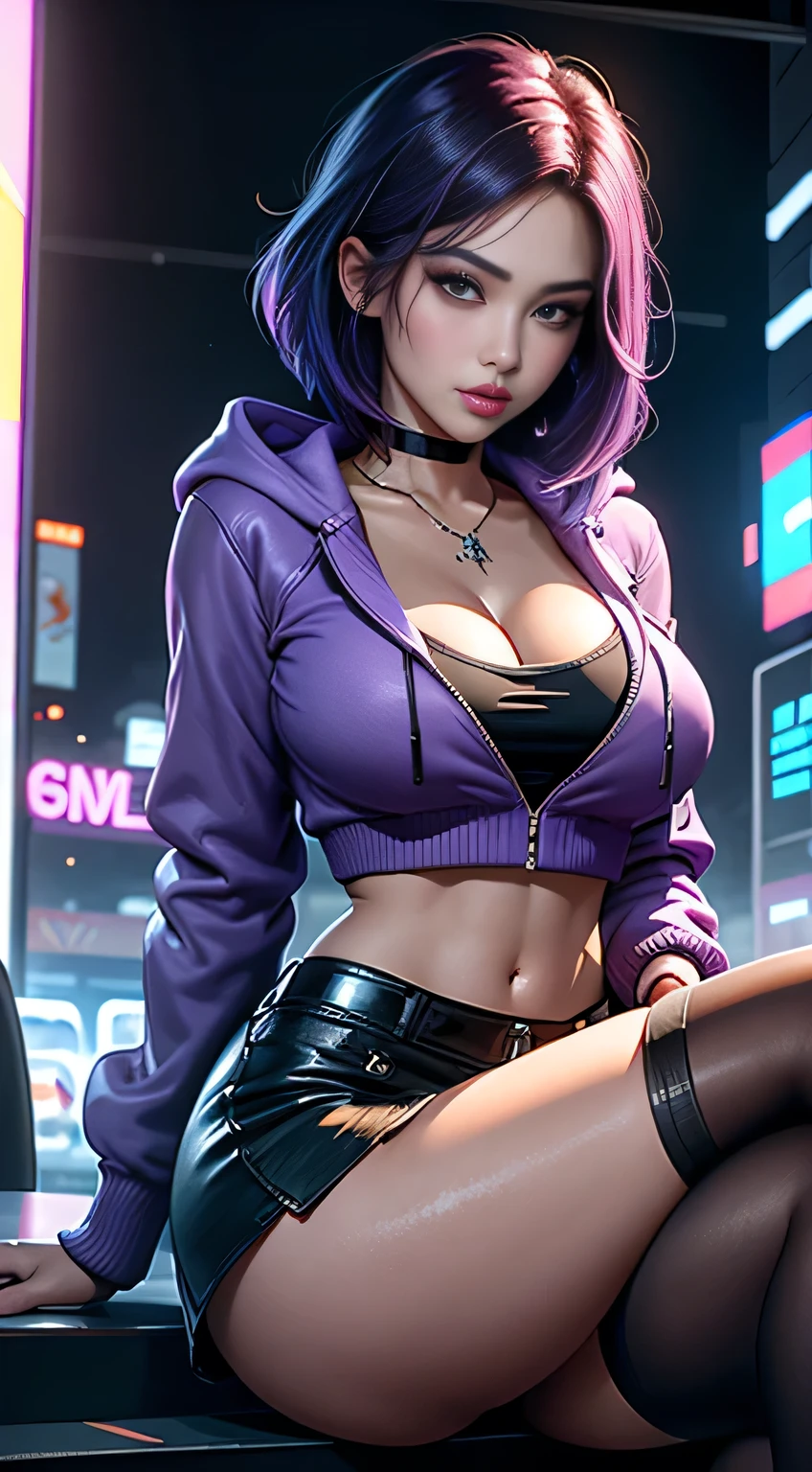 sfw, (sitting legs open), (masterpiece), the best quality, (wide shot), expressive eyes, perfect face, a beautiful Dashing girl, fierce woman, cool girl, Dashing girl, (smirk), luxury, (black hair with purple tip, multicolored hair, colored inner hair, short hair), aqua eyes, ((black cropped hoodie jacket), short skirt, high tights, purple trim, Leather), high boot, hourglass body shape, curvy, tight thighs, professional, Extremely aesthetic, (immersive), (cool), stylish, fantasy mixed realistic art style, Extremely detailed realistic clothing, (Glow Paint, hight details Neon Sign, A neon sign designed in an anime style, glow Neon Sign, night city as background), She stood in front of the neon sign , detailed face, glossy lips, eyeshadow, lipstick,、 wearing bra,((skinny waist)), young asian girl, ((big breasted)),