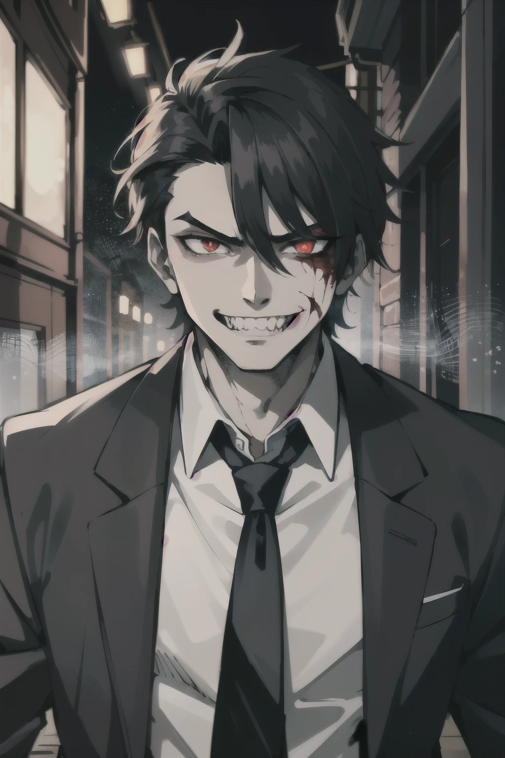 masterpiece, high quality, sharp focus, a 24yo vampire zombie man, black hair, pale skin, wearing a suit and tie, glowing red eyes, fangs showing, covered in blood, nasty grin, night time, cold lighting, dark alley scene, cold atmosphere, 8k, uhd, absurdres