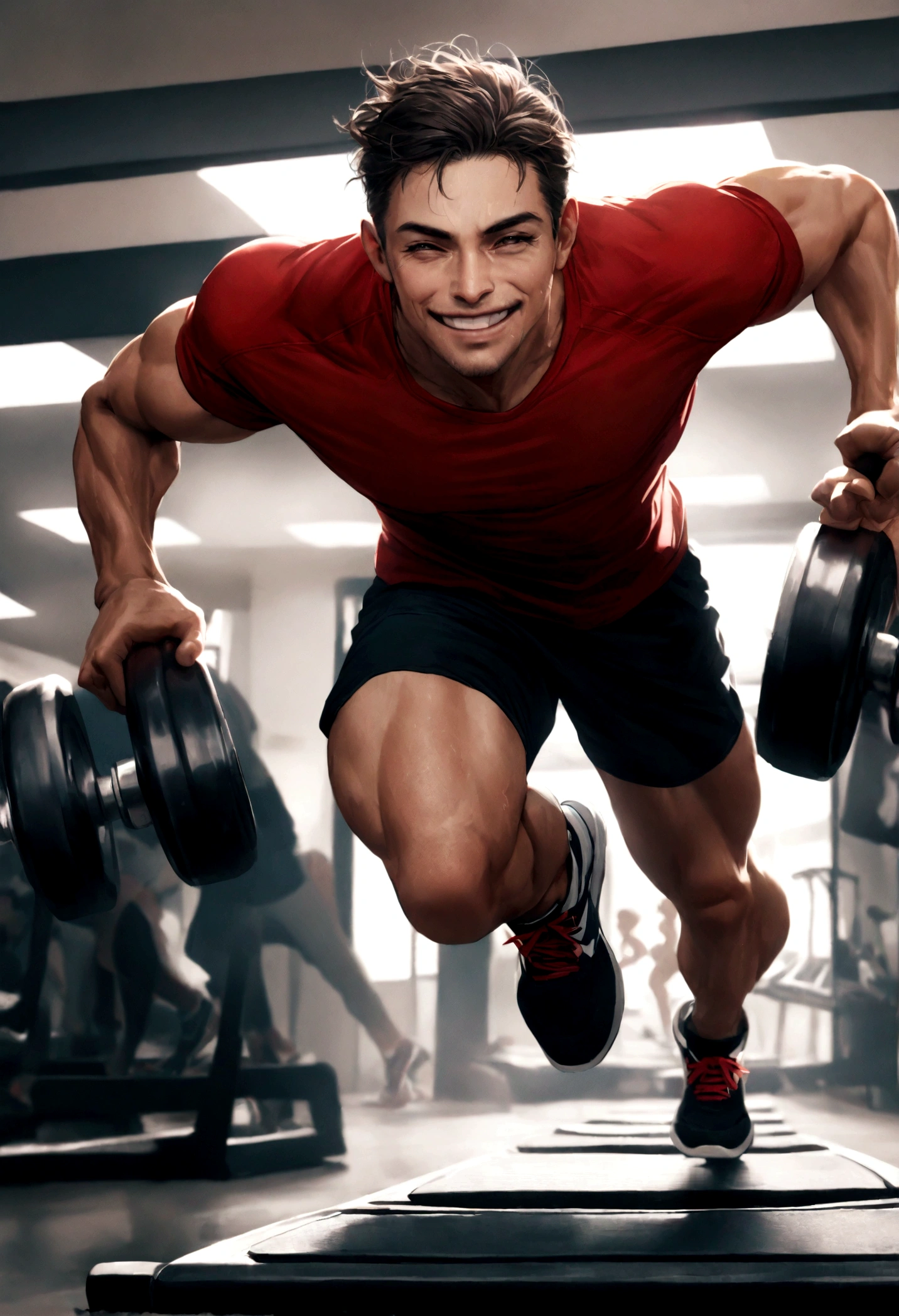 Create a dynamic scene of Pete at the gym, lifting weights and jogging on a treadmill with a smile on his face. Capture the energy and determination he had before falling into addiction.