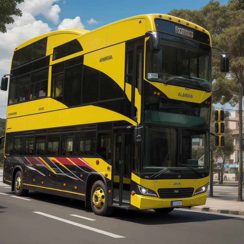 (alta noma marcio letreira na frente qualidade,fotorrealista,colorido,futurista) A modern yellow electric single-decker school bus with a black stripe and a red stop sign on the side (Estilo norte-americano) In Sao Paulo, Brasil, It attracts attention with its elegant European-style design and vibrant presence. The bus glows in the sunlight, apresentando o seu acabamento brilhante e reflectindo o ambiente urbano circundante. As janelas altas oferecem um vislumbre do interior, where the cheerful faces of children can be seen. The bus is adorned with sophisticated LED headlights that emit a crisp, Brilho branco, ensure safety on the road even during the darkest hours. The elegant silhouette of the bus, combined with its aerodynamic curves, gives it a futuristic look, making it stand out among other vehicles. A faixa preta contrastante, correndo horizontalmente ao longo do comprimento do barramento, adds a touch of elegance and visual interest. The scene depicts the busy streets of São Paulo, with its iconic buildings, heavy traffic, and lush vegetation. The vibrant yellow color of the bus adds a touch of energy and excitement to the cityscape, creating a dynamic and captivating look. The overall composition of the image is carefully framed to show the bus as the main focal point, drawing viewers' attention to its modernity and cutting-edge technology. (melhor qualidade,4k,8K,Altas,parte mestre:1.2),ultra-detalhado,(realista,fotorrealista,fotorrealista:1.37),HDR,UHD,studio lighting,pintura ultrafina,sharp focus,physically based rendering,extreme detailed description,profissional,cores vivas,Bokeh,fotografia