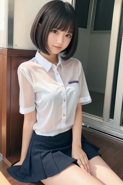 Cute Girls、high school girl、Bob Hair、mini skirt、See-through、sit