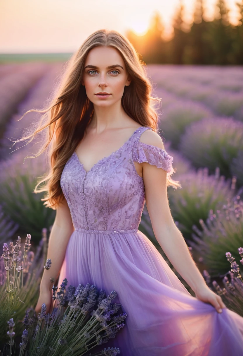 A beautiful girl in a lavender dress, in the middle of a field full of purple flowers, with sunset light, long hair, looking at the camera, portrait photography in the style of professional photograph, soft lighting, pastel colors, a dreamy atmosphere, an elegant pose, high resolution, 