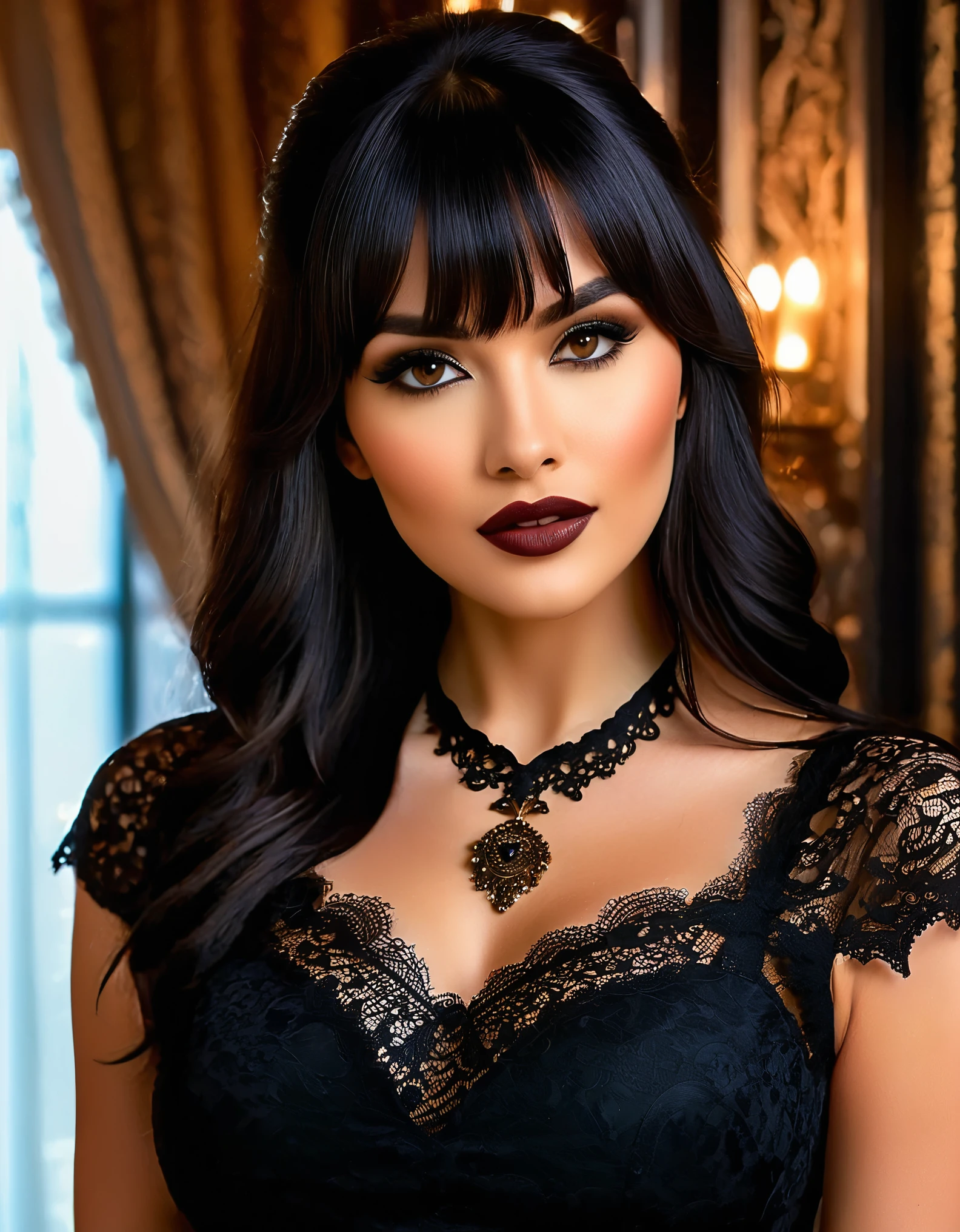 A strikingly beautiful young woman with long, jet-black hair and blunt bangs stands confidently. Her large, expressive brown eyes are framed by bold, arched eyebrows and she wears subtle, yet precise, makeup with dark eyeliner and nude lipstick. She is dressed in a stylish black lace top that emphasizes her elegant neck and décolletage, adorned with an intricate black lace choker necklace featuring a small, vintage-style pendant. The background suggests an upscale interior setting with soft, warm lighting and a large chandelier, creating a sophisticated and intimate atmosphere. The overall mood is one of gothic elegance and modern style. distant full body view, ultra realistic photo, 8k, vibrant colors