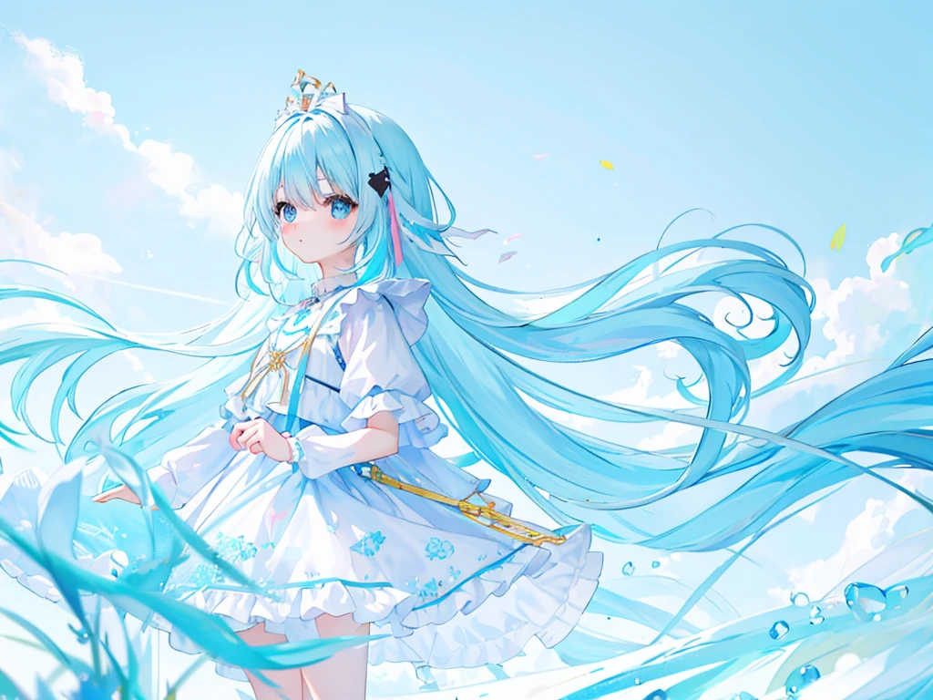 (((light blue long hair))), light blue hair,((blush)),  （（a sticker：1.5）））， （（chibi character））， （white backgrounid）， fluffly， Girl vs， Wizard costume，  full body Esbian， pastel-colored hair， Pastel colors hair， fairytale-like，  T-shirt design， tmasterpiece， best qualtiy，Shining eyes、Cute Baby Turtle!!tchibi!!!,（Chibi Yara）