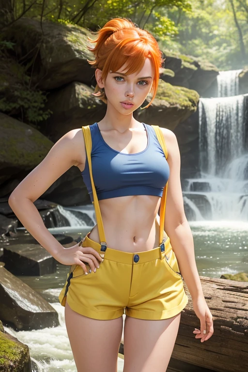 (masterpiece), best quality, expressive eyes, perfect face, (woods and waterfall background), (standing), (smirk), (front view), (1girl, age 18+, Scarlett Johansson, fair skin skin, orange hair, short hair, side-ponytail hairstyle, blue eyes, hourglass figure, thin body, skinny body, petite_body, small breasts, wide hips, thick thighs), (misty pokemon outfit, misty, (yellow_tanktop), croptop, sleeveless, shorts, suspenders),