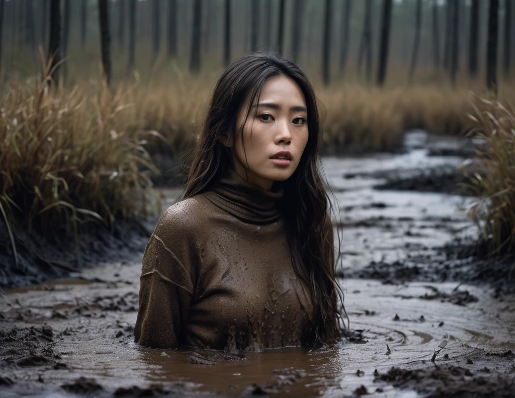 8k, ultra-detailed, documentary photo, grainy film photo, masterpiece,muted colors, muffled light, dark dusk:1.1, rainy, horror:1.1, dark noir:1.2, messed face,natural skin texture, brown turtleneck sweater, swallowed by bog,  looking towards,woman drowning in forest mud bog, messy long brunette hair, depraved,asian:0.5,beige, brown, red, from side view