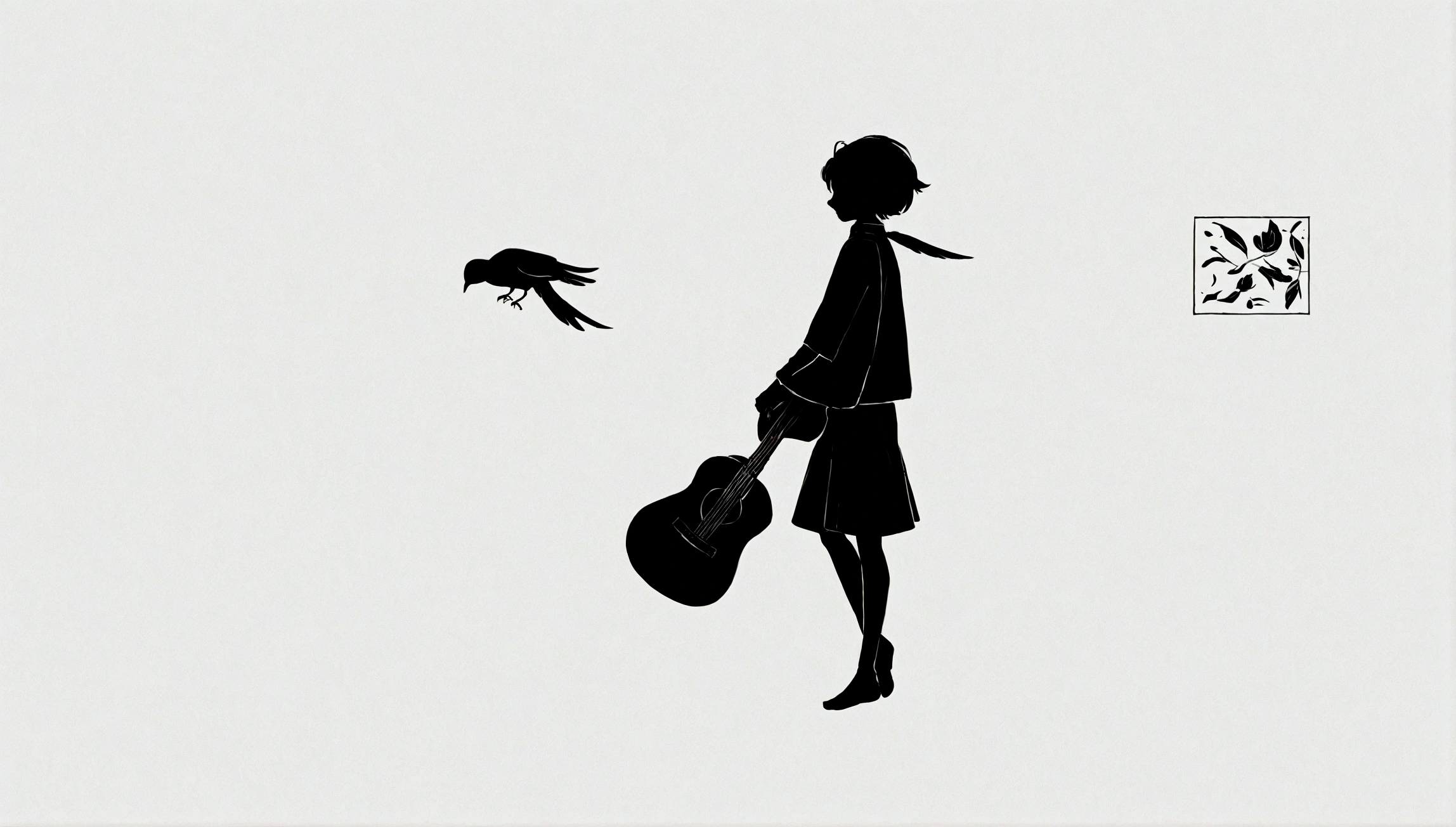 Create a modern, minimalistic logo design for a brand about music and movies called " PENAMEMORIA" . The logo must be in minimalistic style and convey a sense of storytelling. The logo is a simple silhouette of a boy happily running with open arms and holding an acoustic guitar in his right hand. The boy is playing with a bird and a feather. Modern logo, unique, creative, fantastic, impressed on a white- shirt. Logo design with light colors