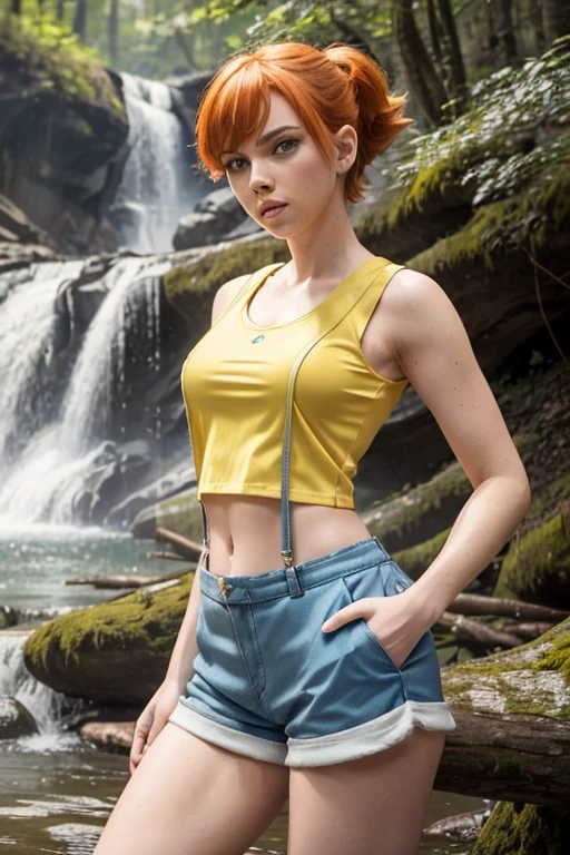 (masterpiece), best quality, expressive eyes, perfect face, (woods and waterfall background), (standing), (smirk), (front view), (1girl, age 18+, Scarlett Johansson, fair skin skin, orange hair, short hair, side-ponytail hairstyle, blue eyes, hourglass figure, thin body, skinny body, petite_body, small breasts, wide hips, thick thighs), (misty pokemon outfit, misty, (yellow_tanktop), croptop, sleeveless, shorts, suspenders),